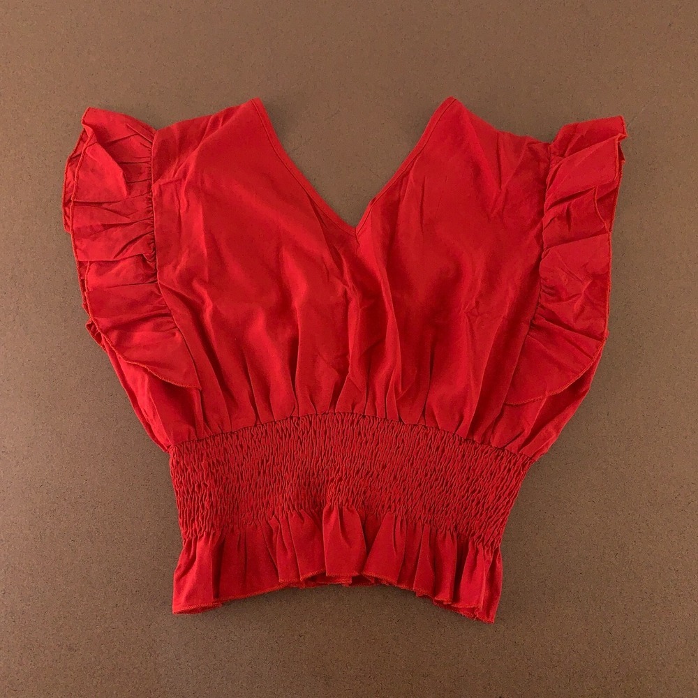 Lyaner Women's Size XL Red Smocked Waist Flutter Sleeve V Neck Cropped Top New